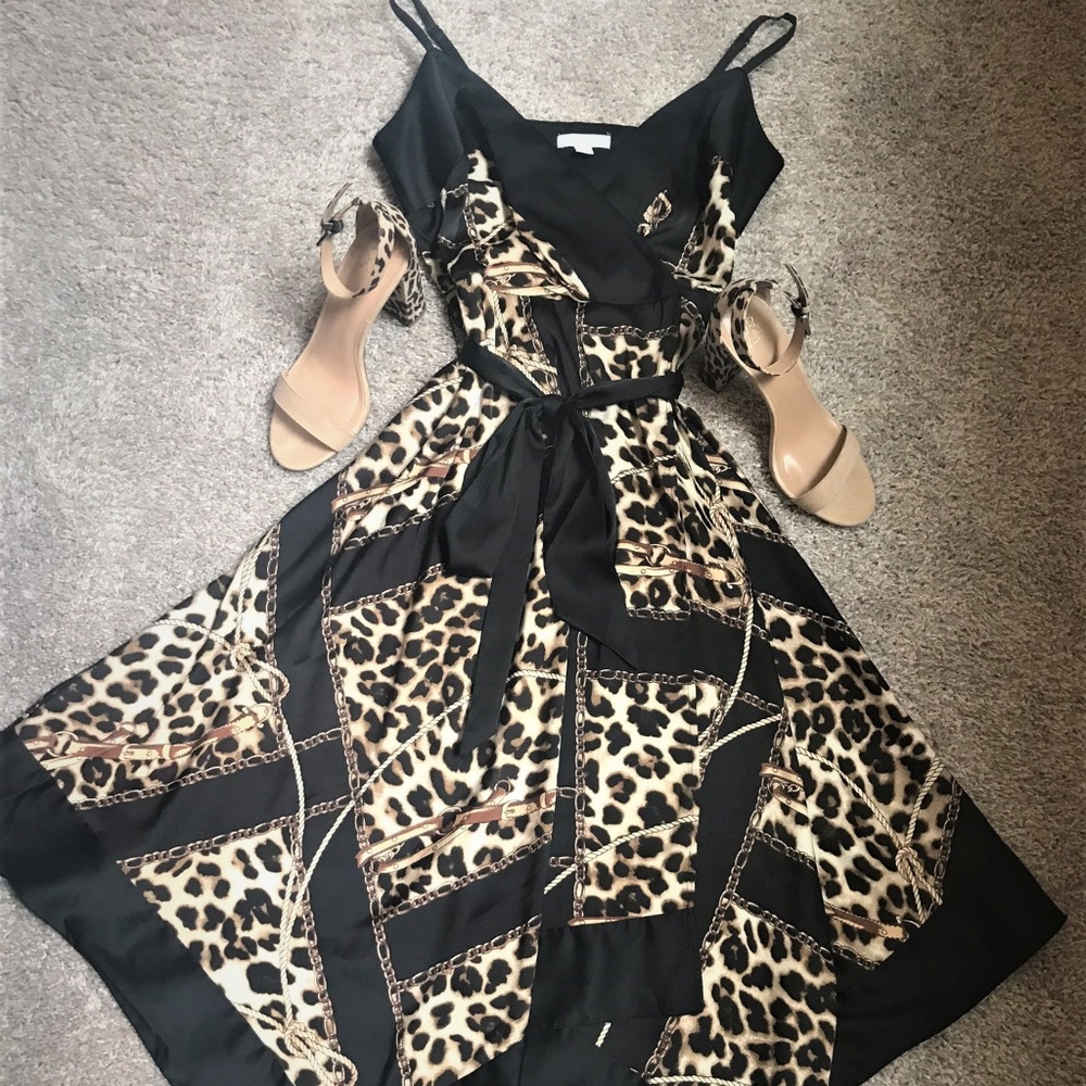 Animal Print Chain Link Handkerchief Dress W/Tie